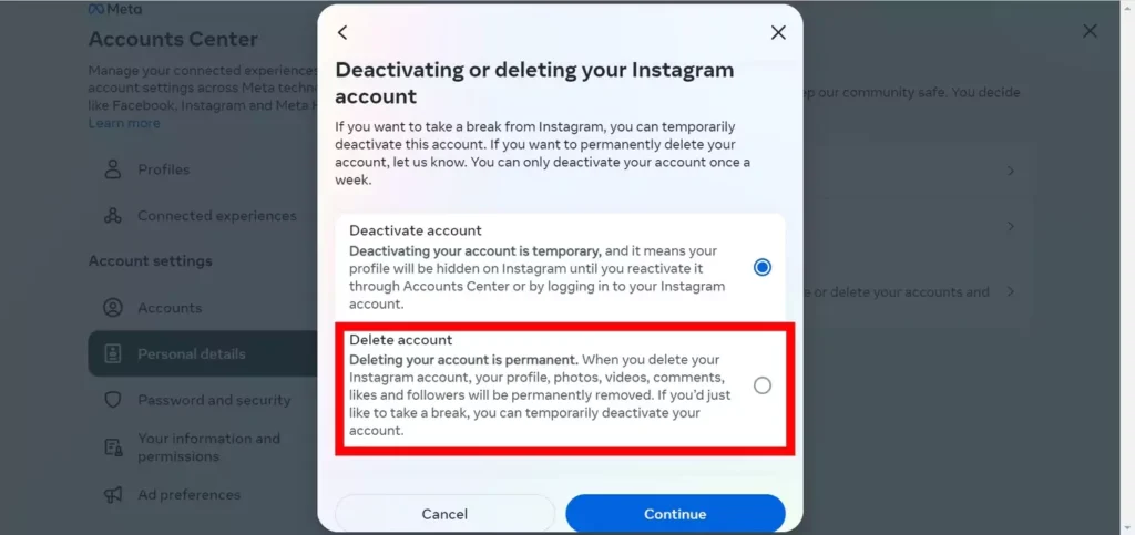 Delete an Instagram Account